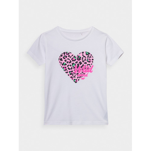 4F T-shirt dziewczęcy biały z nadrukiem 4FJWSS24TTSHF1143