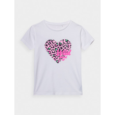 4F T-shirt dziewczęcy biały z nadrukiem 4FJWSS24TTSHF1143
