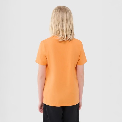 Pomarańczowy T-shirt chłopięcy 4F, bawełniany z nadrukiem, idealny na co dzień i do aktywności sportowej