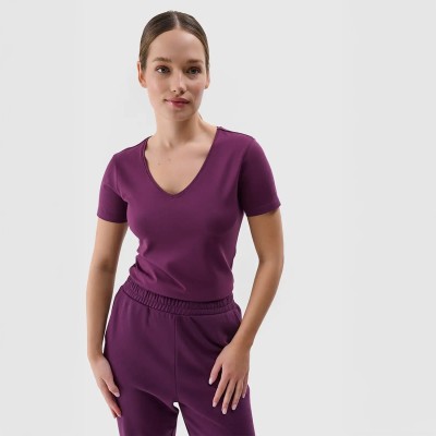 Damski T-shirt 4F z dekoltem V – idealna koszulka na co dzień i do treningu.