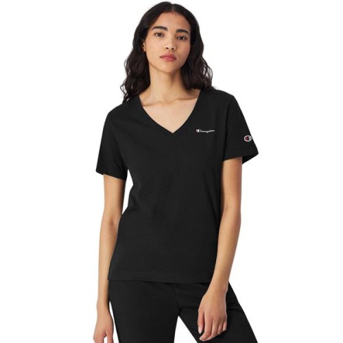 Koszulka damska Champion czarna z dekoltem w serek, prążkowany materiał, małe logo na piersi.