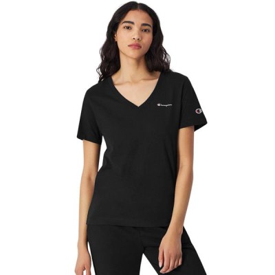 Koszulka damska Champion czarna z dekoltem w serek, prążkowany materiał, małe logo na piersi.