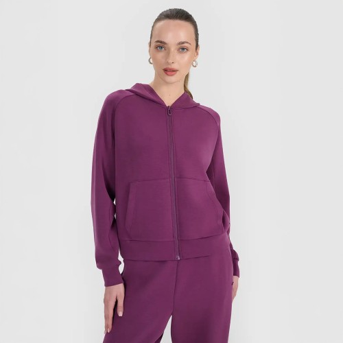 Bluza damska 4F WSS25TSWSF1577 – szara, rozpinana, z kapturem i raglanowymi rękawami.