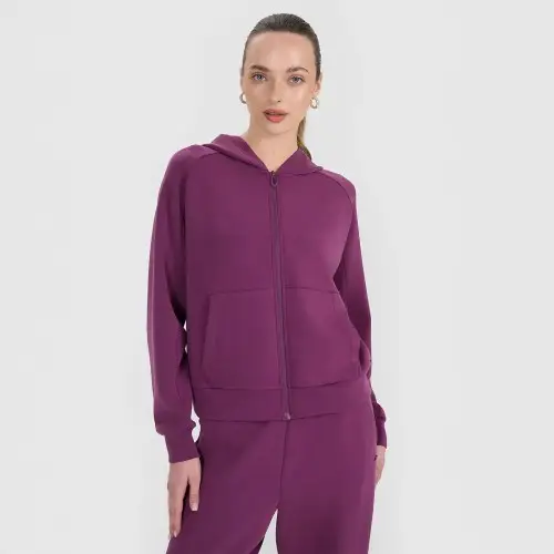 Bluza damska 4F WSS25TSWSF1577 – szara, rozpinana, z kapturem i raglanowymi rękawami.