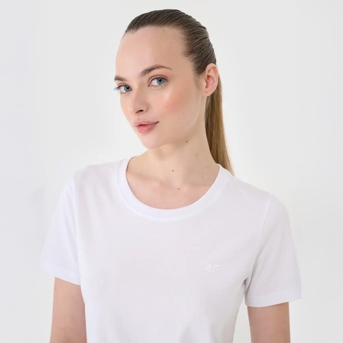 Koszulka damska 4F 4FWMM00TTSHF2356 – biała,  bawełniana, krótki rękaw, regularny krój, okrągły dekolt.