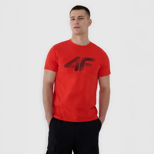 czerwopna Koszulka męska 4F 4FWMM00TTSHM2257 – regularny krój, bawełna, krótki rękaw, okrągły dekolt, nadruk 4F.