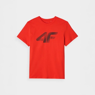 czerwopna Koszulka męska 4F 4FWMM00TTSHM2257 – regularny krój, bawełna, krótki rękaw, okrągły dekolt, nadruk 4F.