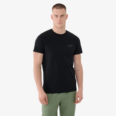 czarna Koszulka męska 4F 4FWSS25TTSHM1974 – regularny krój, okrągły dekolt, bawełna, nadruk 4F.