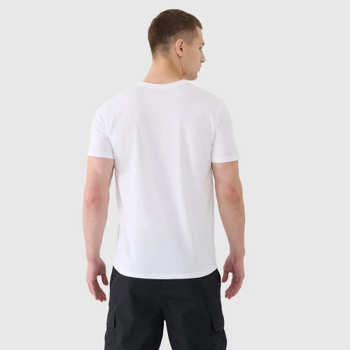 biała Koszulka męska 4F 4FWSS25TTSHM2003 – regularny krój, bawełna organiczna, klasyczny okrągły dekolt.