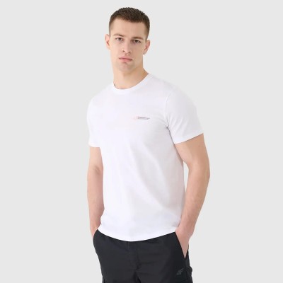 biała Koszulka męska 4F 4FWSS25TTSHM2003 – regularny krój, bawełna organiczna, klasyczny okrągły dekolt.