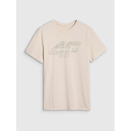 kremowa Koszulka męska 4F 4FWSS25TTSHM2004 – regularny krój, nadruk z logo, okrągły dekolt.