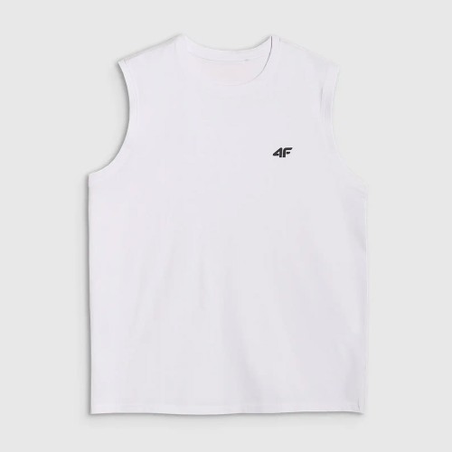 biały Tank top męski 4F – regularny krój, szerokie wycięcia na ramiona, 100% bawełna.