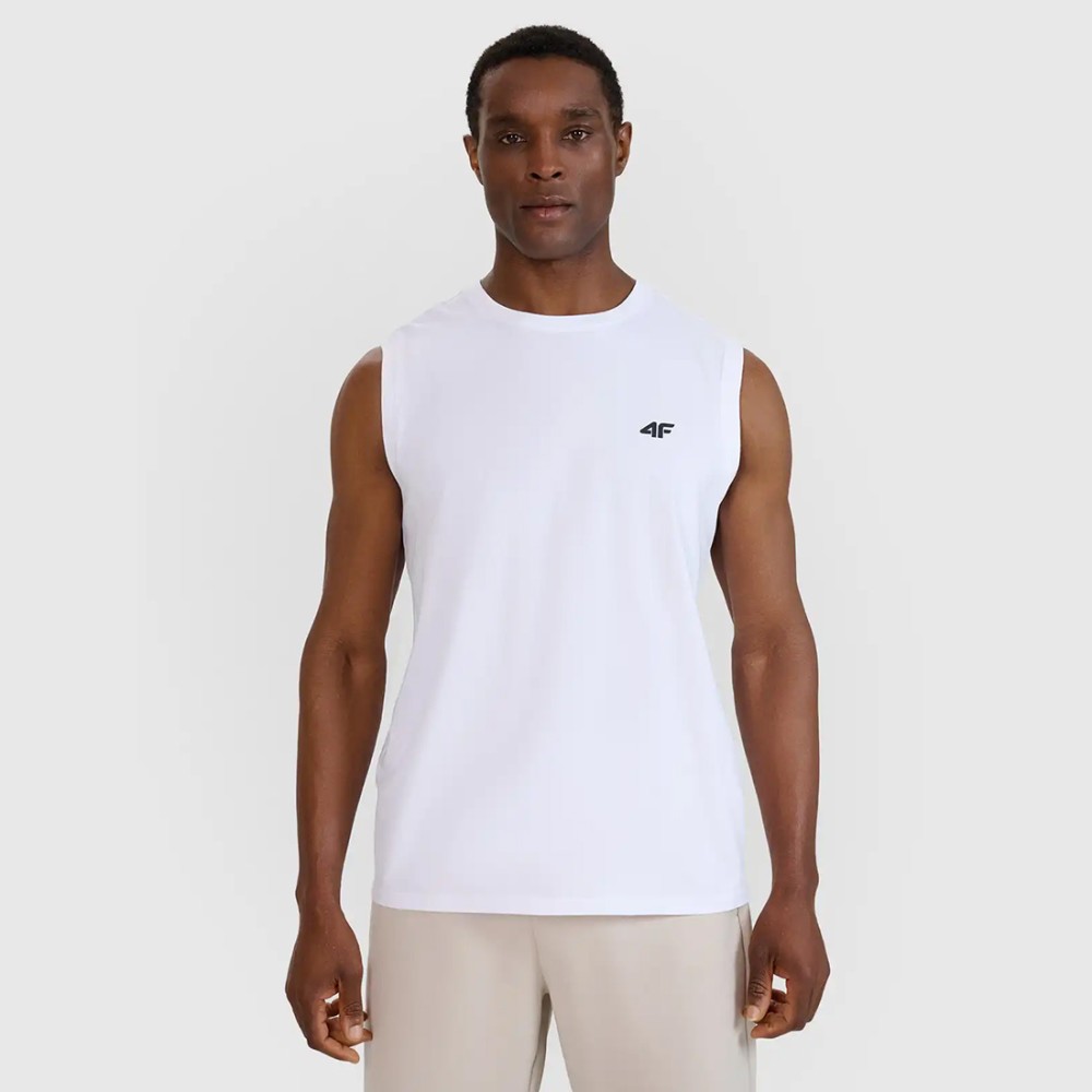 biały Tank top męski 4F – regularny krój, szerokie wycięcia na ramiona, 100% bawełna.