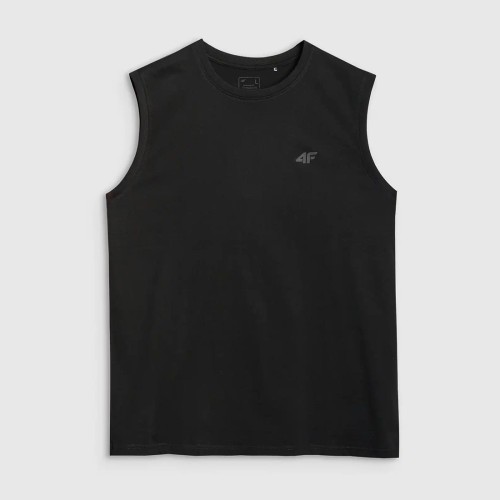 czarny Tank top męski 4F – regularny krój, szerokie wycięcia na ramiona, 100% bawełna.