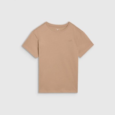 beżowa Dziewczęca koszulka 4F – oversize, okrągły dekolt, obniżone ramiona, wygodna i przewiewna.