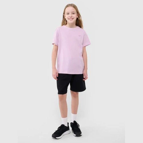 Różowa Dziewczęca koszulka 4F – oversize, okrągły dekolt, obniżone ramiona, wygodna i przewiewna.