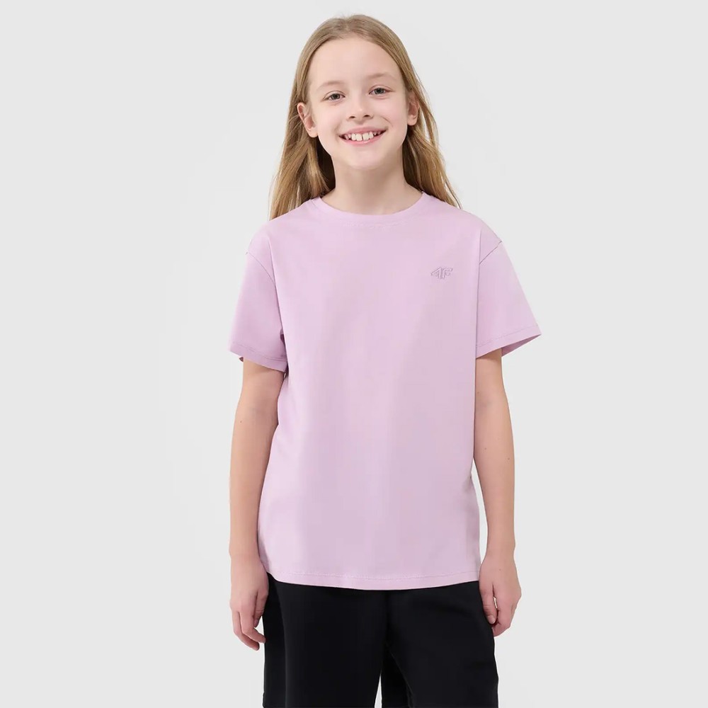 Różowa Dziewczęca koszulka 4F – oversize, okrągły dekolt, obniżone ramiona, wygodna i przewiewna.