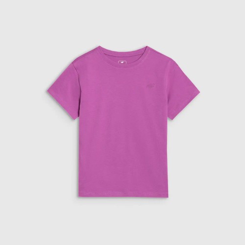 fioletowa Dziewczęca koszulka 4F – oversize, okrągły dekolt, obniżone ramiona, wygodna i przewiewna.